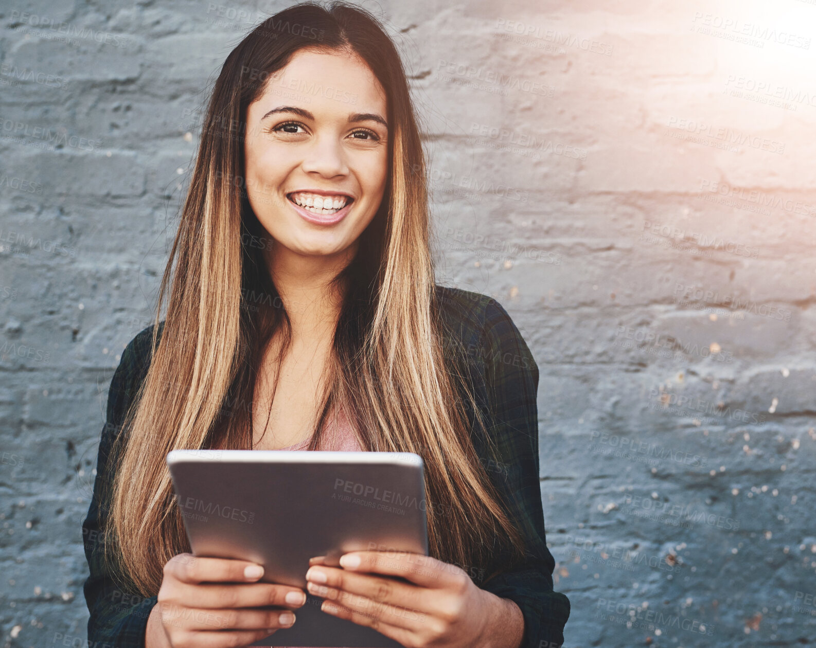 Buy stock photo Wall, happy and portrait of woman with tablet for education, knowledge or research for project. Student, smile and technology with confidence for university website, digital or online communication