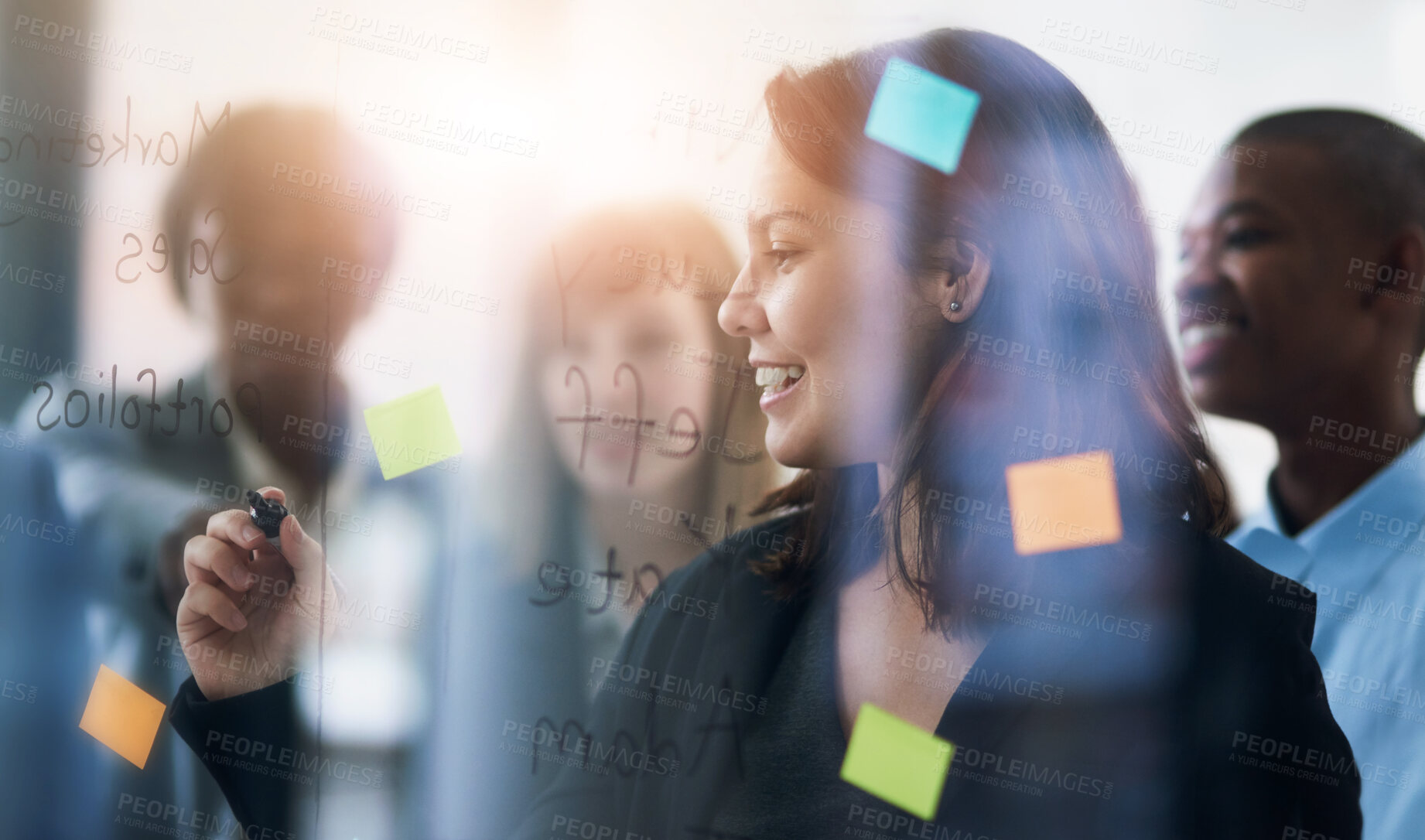 Buy stock photo Presentation, woman and writing on glass with goals, strategy and idea in office. Female speaker, workshop and planning with team for meeting, brainstorming and sticky note with tasks in workplace