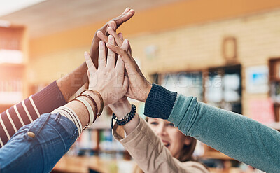 Buy stock photo Group, people and hands for high five of education with celebration of project teamwork, support and helping together. Students, college and achievement, knowledge and excellence for victory growth