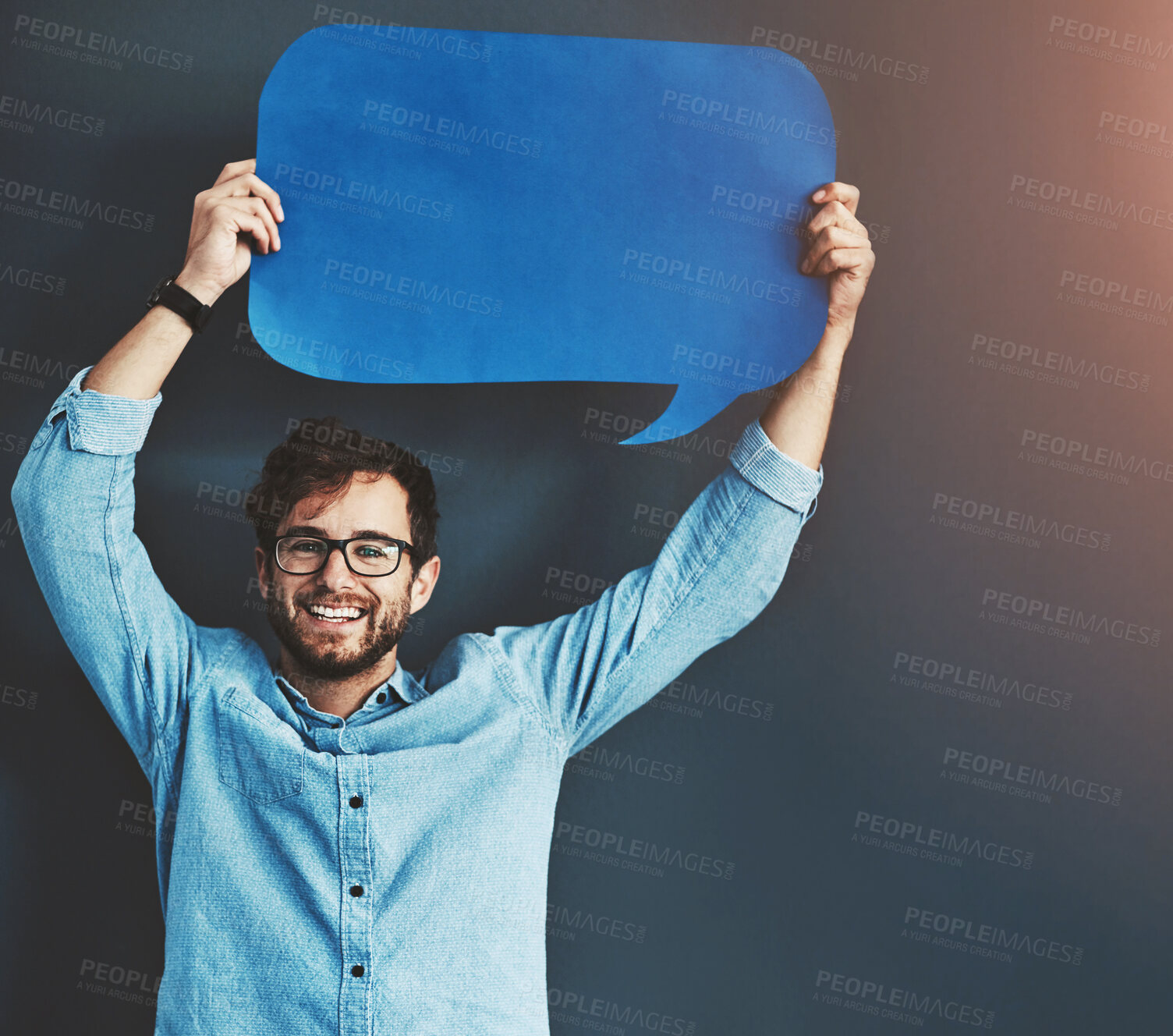 Buy stock photo Businessman, portrait and communication with speech bubble on studio background for FAQ or company announcement. Mockup space, cardboard sign and person with poster for opinion, feedback and quote