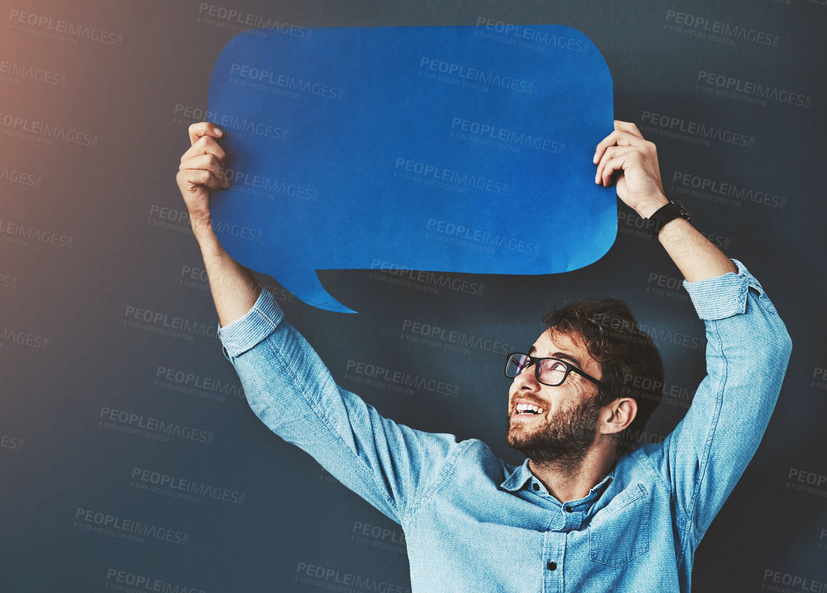 Buy stock photo Businessman, face and communication with speech bubble on studio background for FAQ or company announcement. Mockup space, cardboard sign or person with poster for opinion, positive feedback or quote