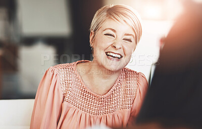 Buy stock photo Funny, laughing and business woman in conversation for story, info and project idea on break. Joke, coworking and happy professional talking to graphic designer, worker or friends in creative startup