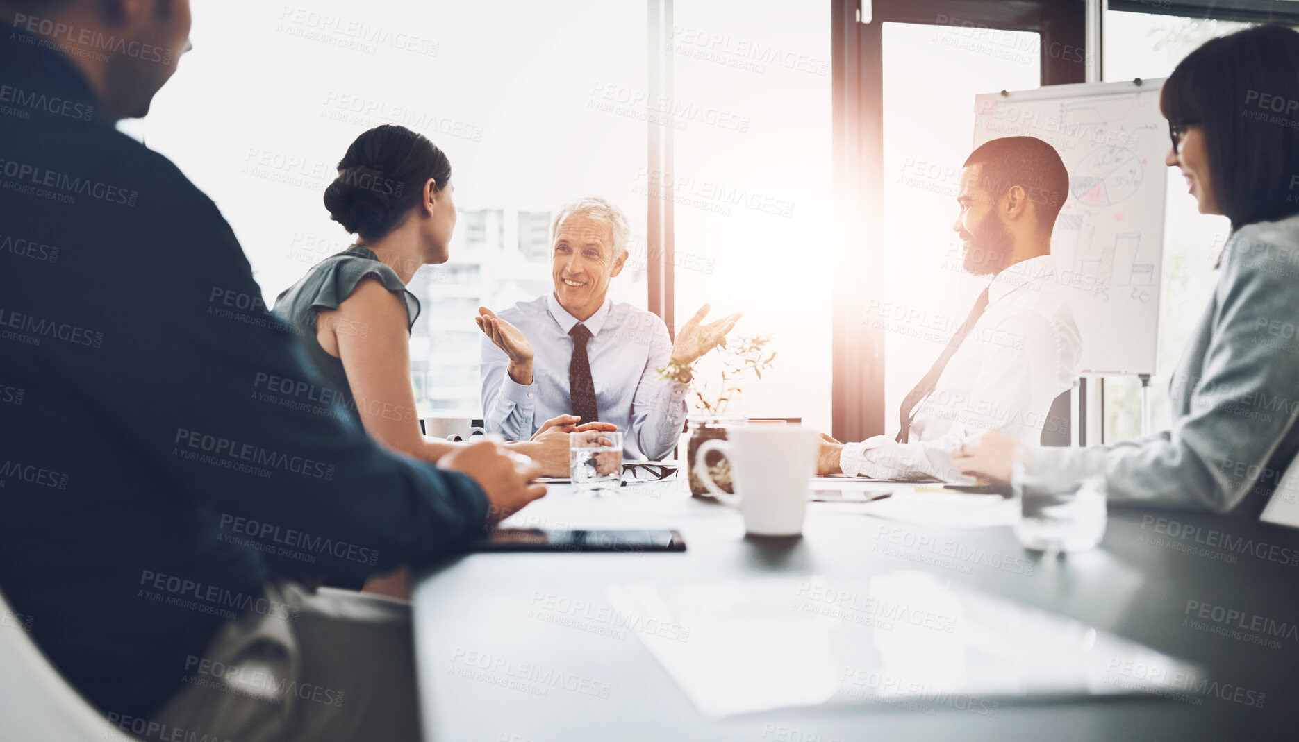 Buy stock photo Office, conversation and business people in meeting, feedback and planning with discussion for funding report. Accounting, broker or employees with ideas, review finances and trading with lens flare