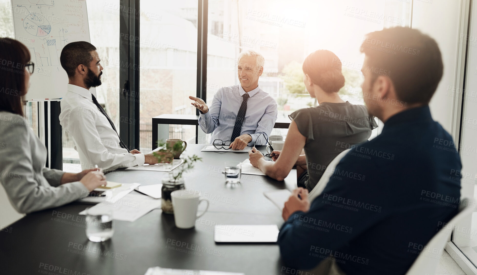 Buy stock photo Office, conversation and business people in meeting, teamwork and planning with feedback for funding report. Accounting, broker or employees with discussion, review finances and trading with investor