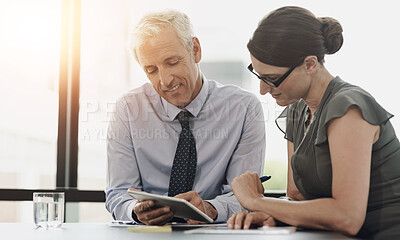 Buy stock photo Business people, partnership and tablet with discussion in office for project feedback and corporate planning. Management, employee and meeting with digital tech for online research or communication