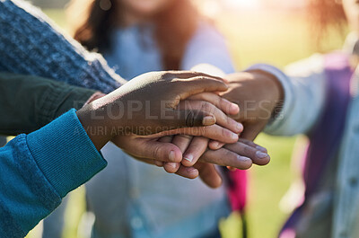 Buy stock photo Children, hands and huddle as friends together outdoor for youth development, support and solidarity. Kids, teamwork and diversity for trust, collaboration and community as people with social bonding