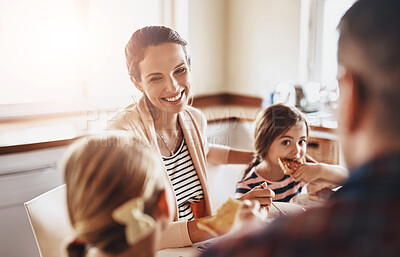 Buy stock photo Woman, smile and children eating breakfast in kitchen for bonding, love and care with healthy food or cereal. Mom, girl and family with support wellness and together in house for youth development