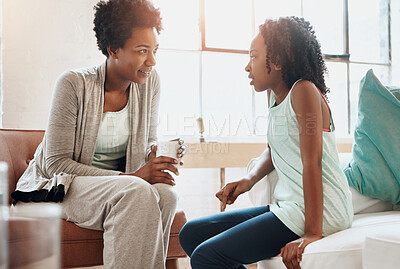 Buy stock photo Home, woman and girl in conversation for growth, development and motivation for school with support. Mother, daughter and bonding in lounge for childhood, progress and communication for child care