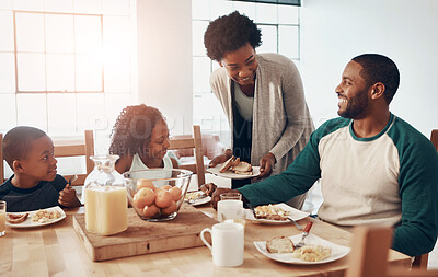 Buy stock photo Black family, parents and children for breakfast in home with serving, bonding and happy in dining room. Love, mother and father with kids in morning with food, eggs and bread for nutrition or hungry