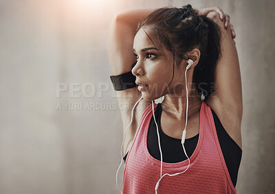 Buy stock photo Fitness, earphones and woman with stretching exercise for running with race or marathon training. Sports, warm up and female athlete listening to music, podcast or radio for outdoor cardio workout.