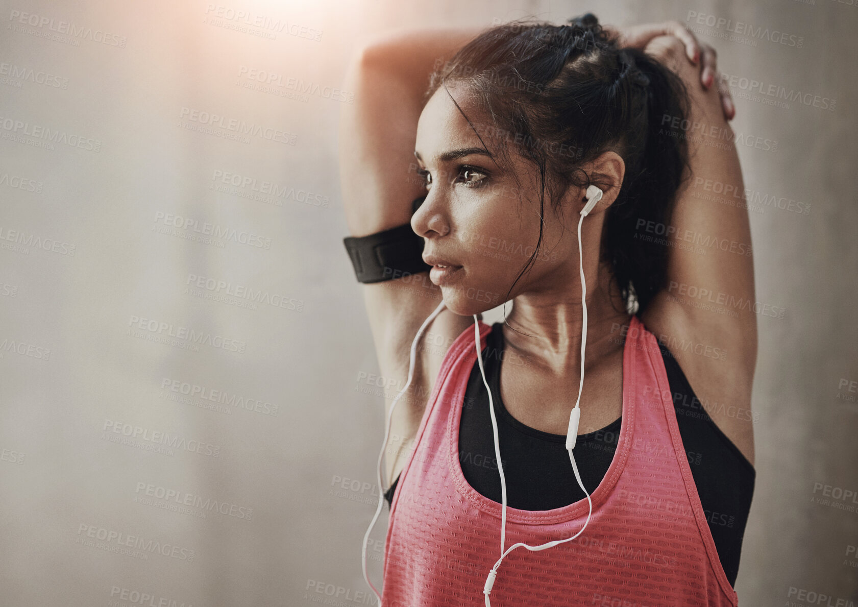 Buy stock photo Fitness, earphones and woman with stretching exercise for running with race or marathon training. Sports, warm up and female athlete listening to music, podcast or radio for outdoor cardio workout.