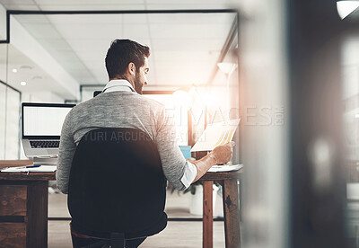 Buy stock photo Business, man and computer mockup for planning, web design and research screen. Back of worker, mock up and desktop technology for documents and internet, paperwork or digital branding strategy