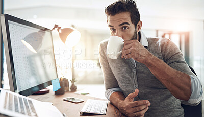 Buy stock photo Coffee, office and portrait of business man at desk with computer for finance analytics, research and data. Accountant, company and worker with caffeine drink for working, consulting career and job