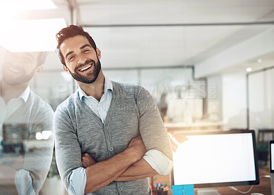 Buy stock photo Happy man, portrait and business with confidence at office for career professional on glass window. Creative male person or young employee with smile for startup with computer screen or mockup space