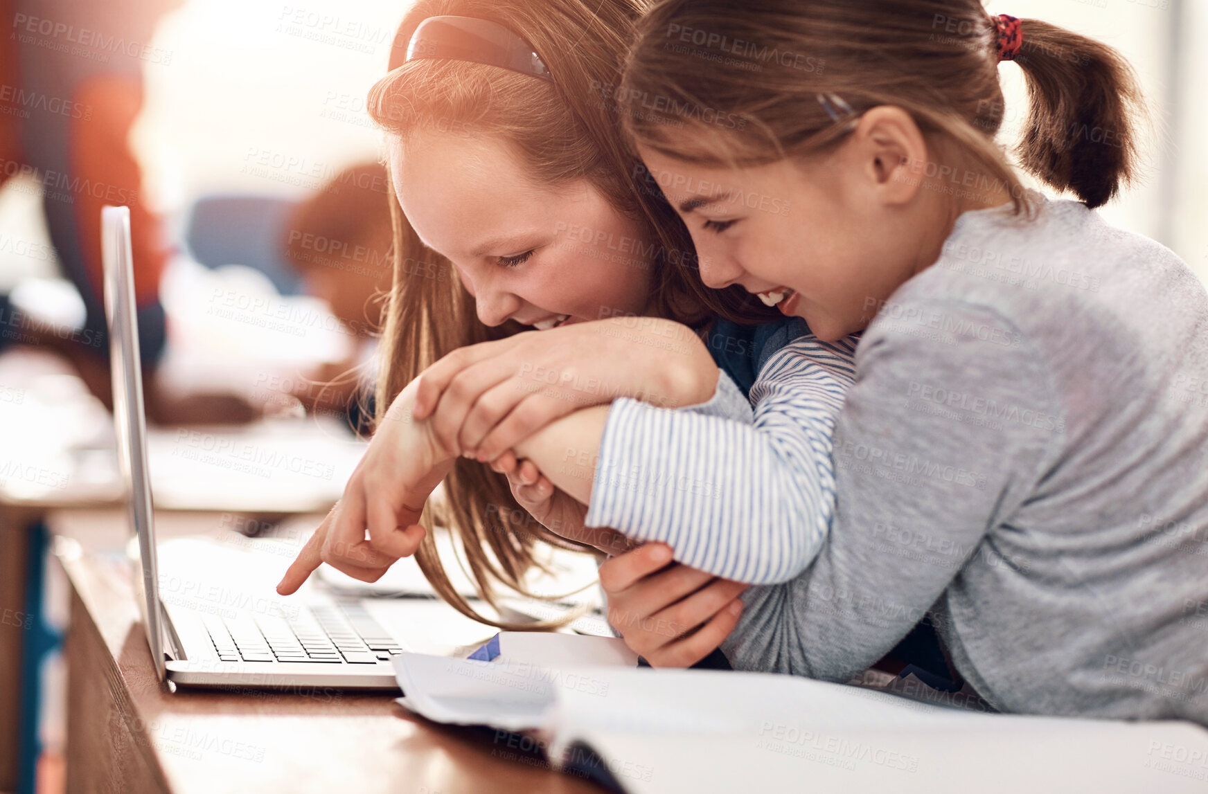 Buy stock photo Happy, girl and students with laptop in classroom for knowledge, learning and humor together. Playful, girl and laughing with technology at school for online education, development and funny joke