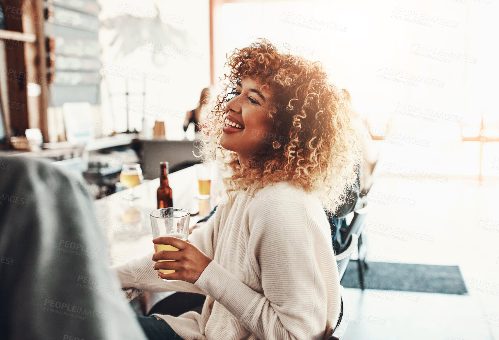 Buy stock photo Craft beer, drinking and woman with smile, funny and weekend break with happiness, laughing and humor. Person, pub and cheerful girl with alcohol, positive mindset and goofy with joke and celebrate