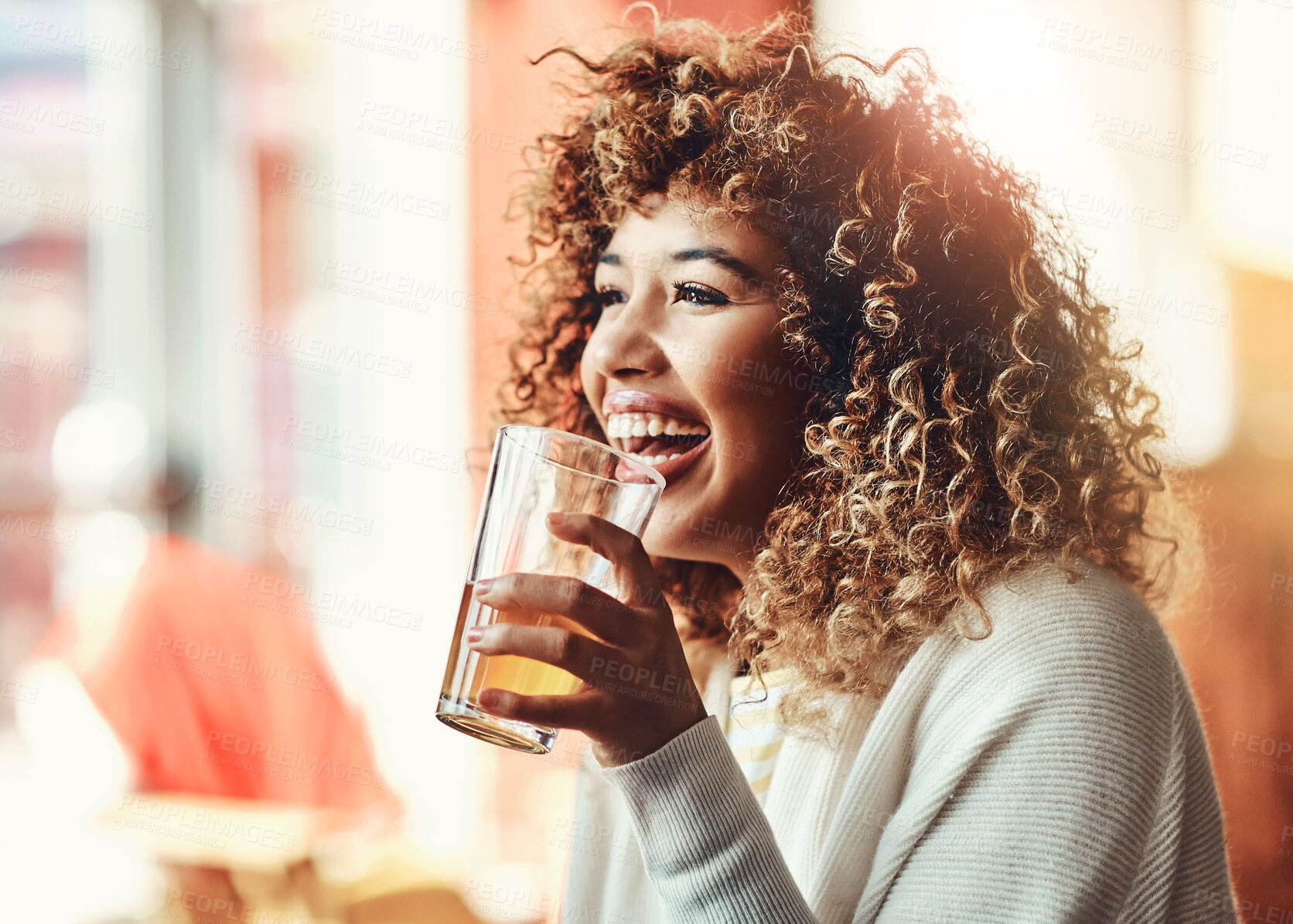 Buy stock photo Beer, relax and woman with smile, funny and weekend break with happiness, drinking and humor. Person, bar and cheerful girl with alcohol, positive mindset and goofy with joke, laughing and celebrate