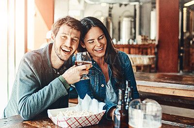 Buy stock photo Friends, beer and celebration in restaurant, smile and students with happiness, bonding together and relax. Portrait, people and man with woman, alcohol and social gathering with  drinks and laughing