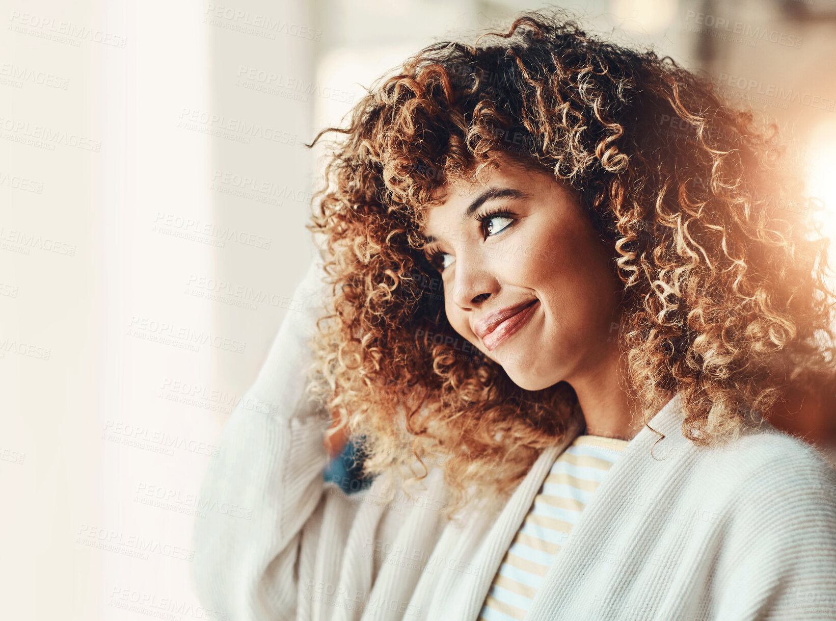 Buy stock photo House, thinking and happy woman with decision, window and reflection for memory, choice and space. Apartment, view and person in lounge, contemplation and perspective to start morning and daydreaming