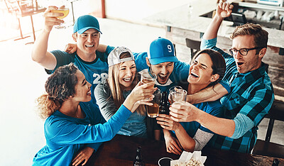 Buy stock photo Group, sports fans and beer for celebration, excited and winning with happiness, bonding together and cheerful. Toast, people and alcohol with smile, energy and party with social gathering or victory