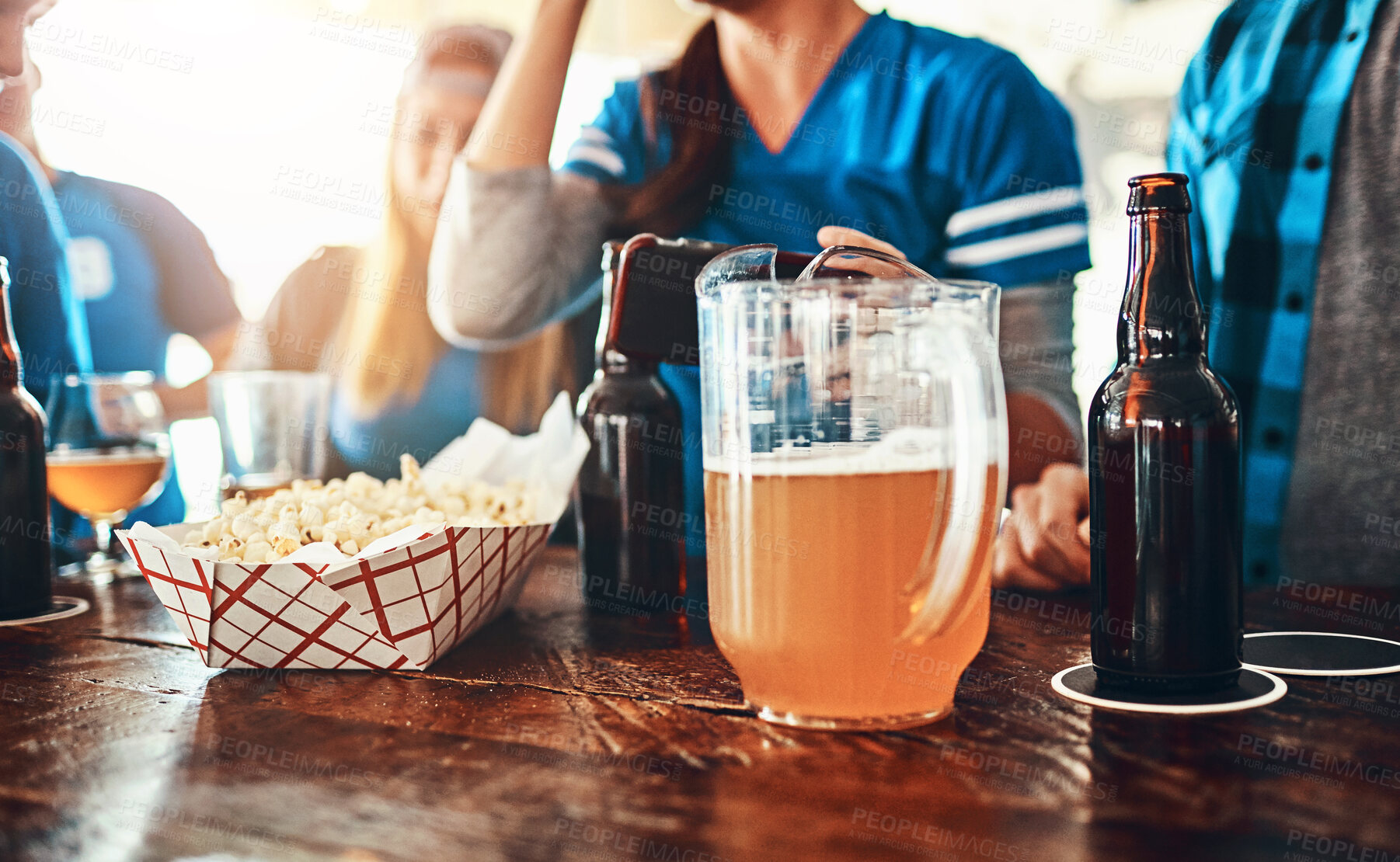 Buy stock photo Sports, hands or people in pub with beer, popcorn or social celebration of competition together. Crowd, game or group of friends in bar for watch party, alcohol drinks or fans at diner for happy hour