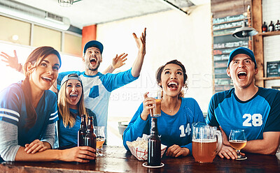 Buy stock photo Beer, sports and fans in pub for winning game with goal for celebration in support together. Excited, cheering and group of people drink alcohol and watch broadcast television of team match in bar.