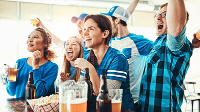 Buy stock photo Friends, excited and watching tv at sport pub with game, goal and beer at restaurant with celebration. Fan group, smile and people with esports, live broadcast and match together at bar with win