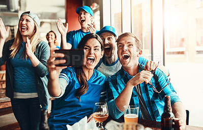 Buy stock photo Success, people and selfie for sports game, tournament victory and photography for social media update. Friends, woman and men with mobile for celebration, beer and football score achievement at pub