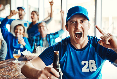 Buy stock photo Man, portrait and fans with beer for support, celebration and sports team on game day with uniform. People, cheering and watching tv or live streaming with happiness, excited and pride for soccer win