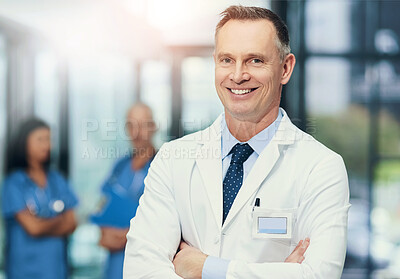 Buy stock photo Portrait, doctor and man with arms crossed, smile and career ambition with healthcare. Face, person and medical with professional, confidence and pride with skills, hospital and cardiology expert