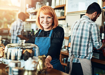 Buy stock photo Portrait, woman and bistro as waitress in small business with happiness in restaurant or coffee shop. Female person, cafeteria and cafe for food service as entrepreneur in startup in New York City