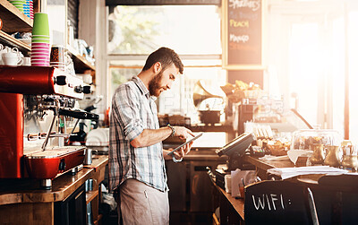 Buy stock photo Barista, man and tablet for coffee shop menu or online order on website in startup cafe. Small business owner, waiter and review with technology for stock inventory or price checklist in store