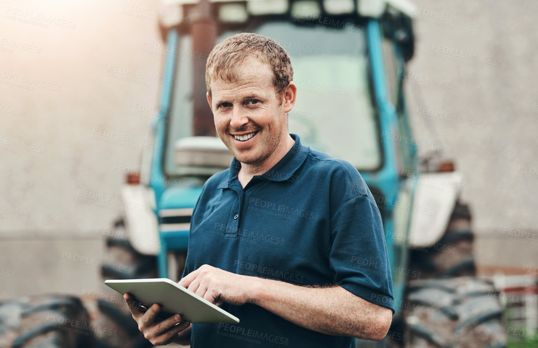 Buy stock photo Portrait, smile and tablet with man on farm for agriculture, growth or industry sustainability. Agro, agribusiness or technology and happy farmer outdoor in countryside with tractor for ecology