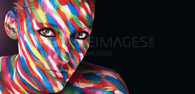 Buy stock photo Portrait, abstract and woman covered in paint, creativity or banner on dark studio background. Face, person or girl with body art, wallpaper or watercolor with mockup space, inspiration or artistic