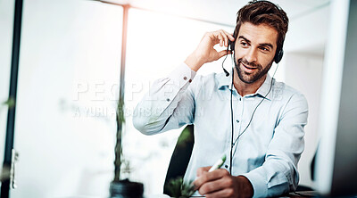 Buy stock photo Phone call, man and customer service at help desk for contact, consultation or telemarketing in callcenter. Male consultant, headset or talking in office for lead generation, crm or virtual assistant