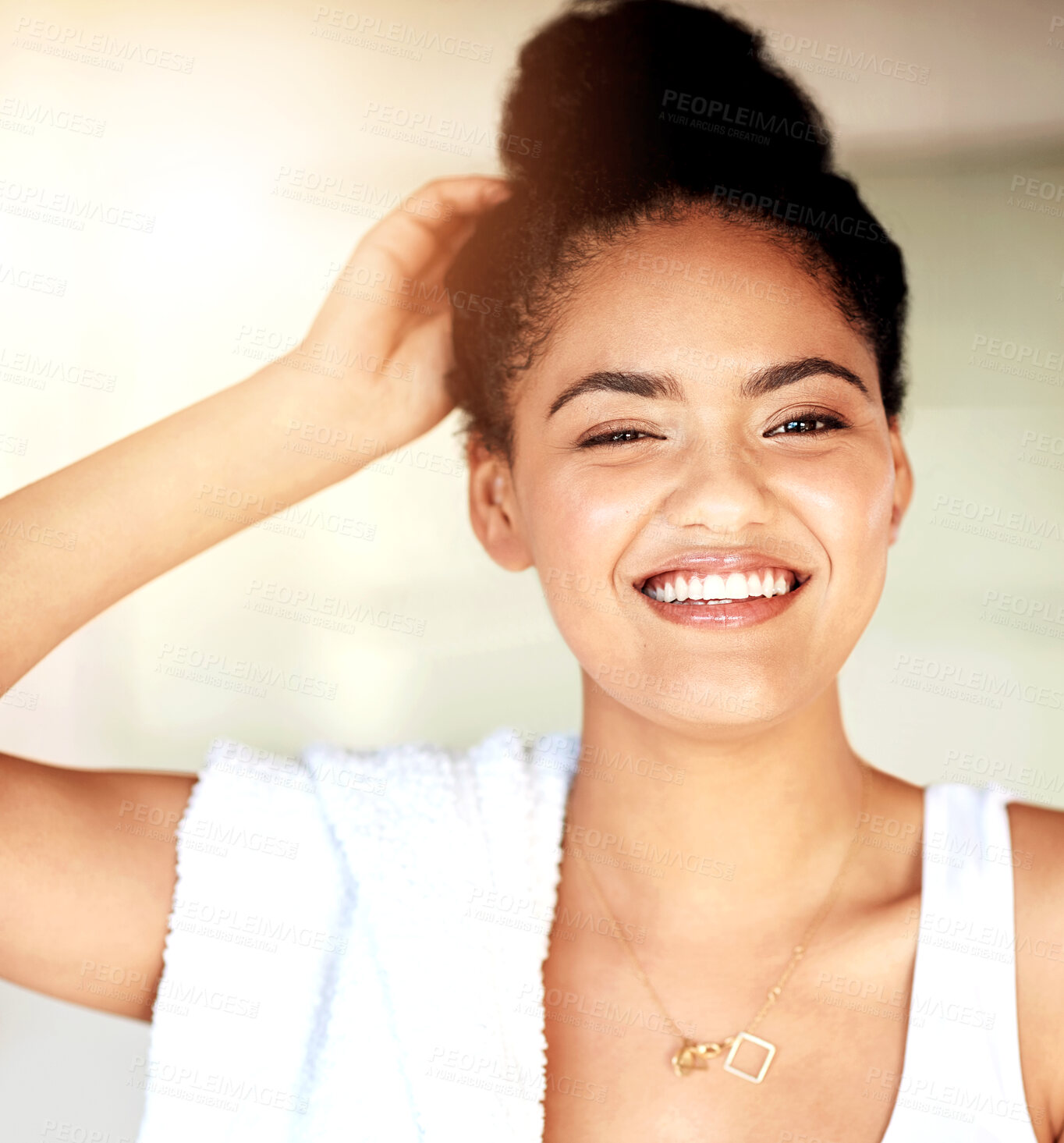 Buy stock photo Happy, beauty and portrait of woman in bathroom for skincare, cleaning or morning routine in home. Face, smile and girl in makeup with towel for hygiene, health or cosmetics for wellness in Brazil