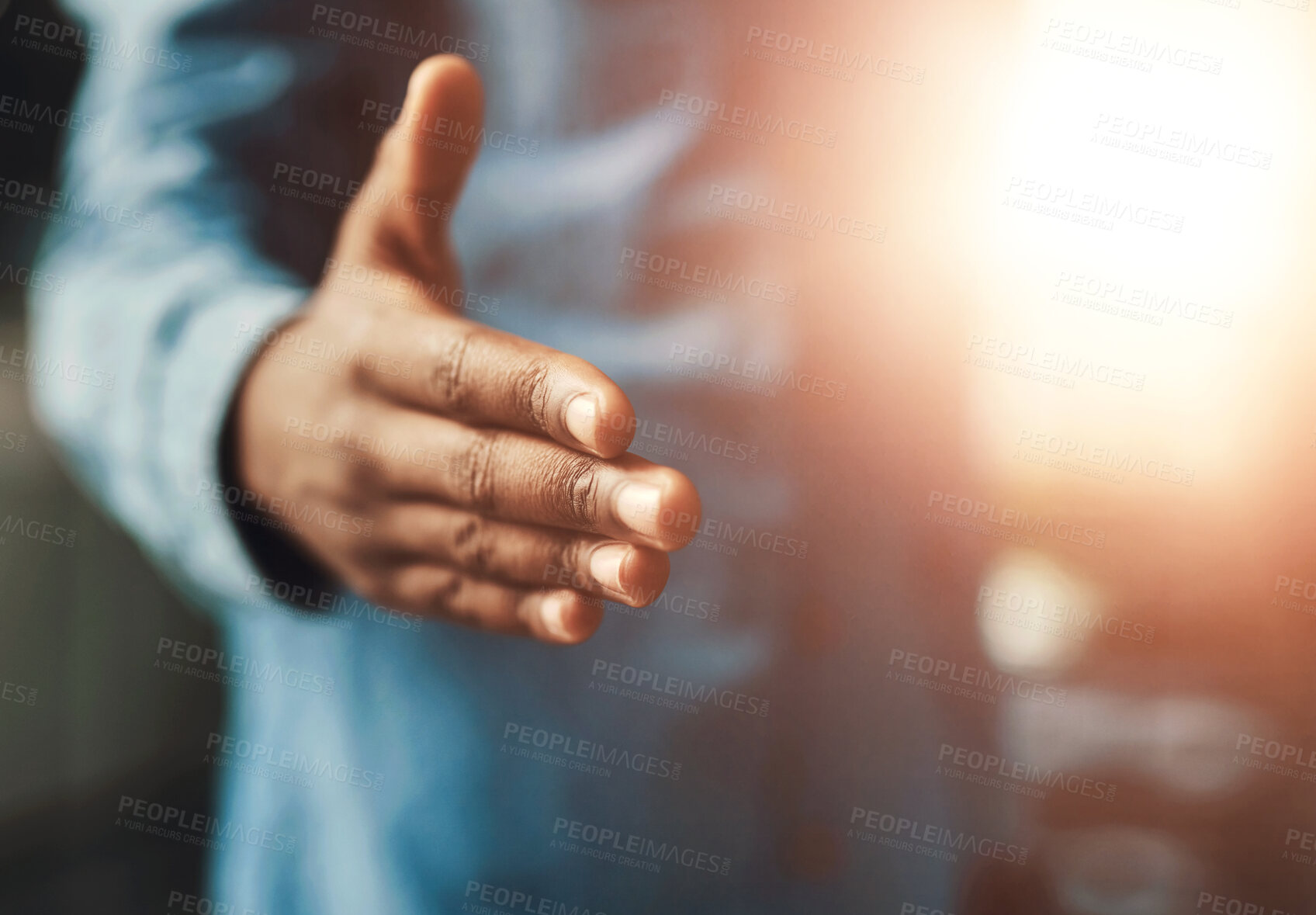 Buy stock photo Meeting, welcome and person with handshake in office for greeting, thank you or job opportunity. Lens flare, closeup and employee with gesture for B2B collaboration, support or deal agreement