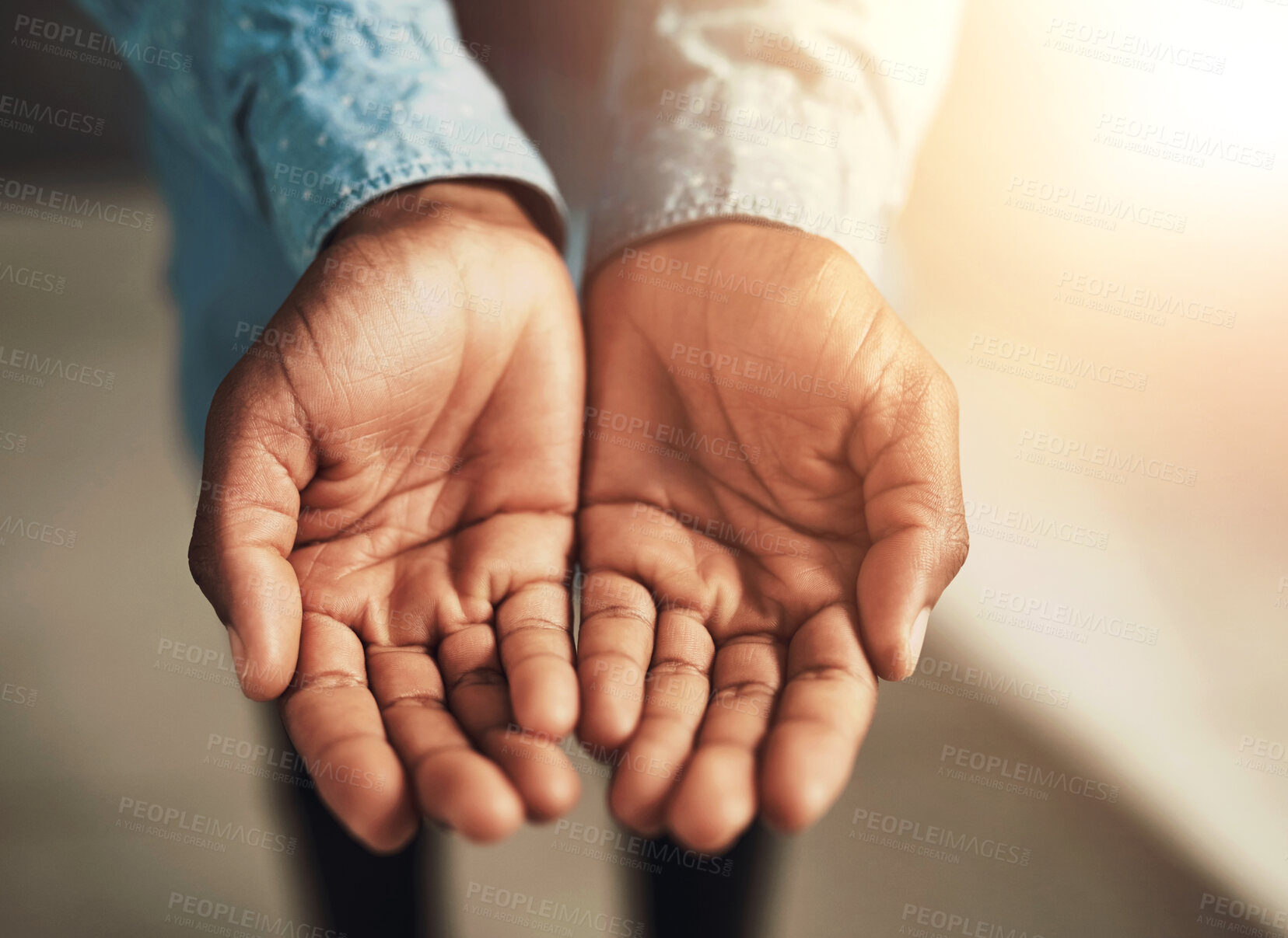 Buy stock photo Support, offer and open hands of person with care for assistance, charity or business aid. Top view, office and palms of employee with gesture of hope for opportunity, empathy or kindness in donation