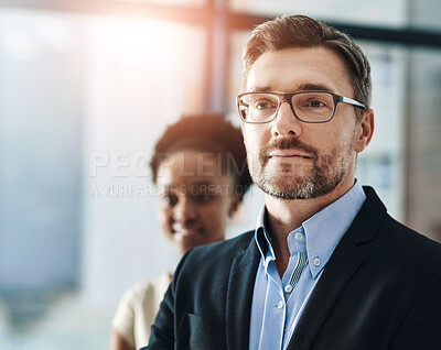 Buy stock photo Office, future and vision with business man in corporate workplace for ambition or professional career. Glasses, planning or thinking with employee in suit at workplace for inspiration or opportunity