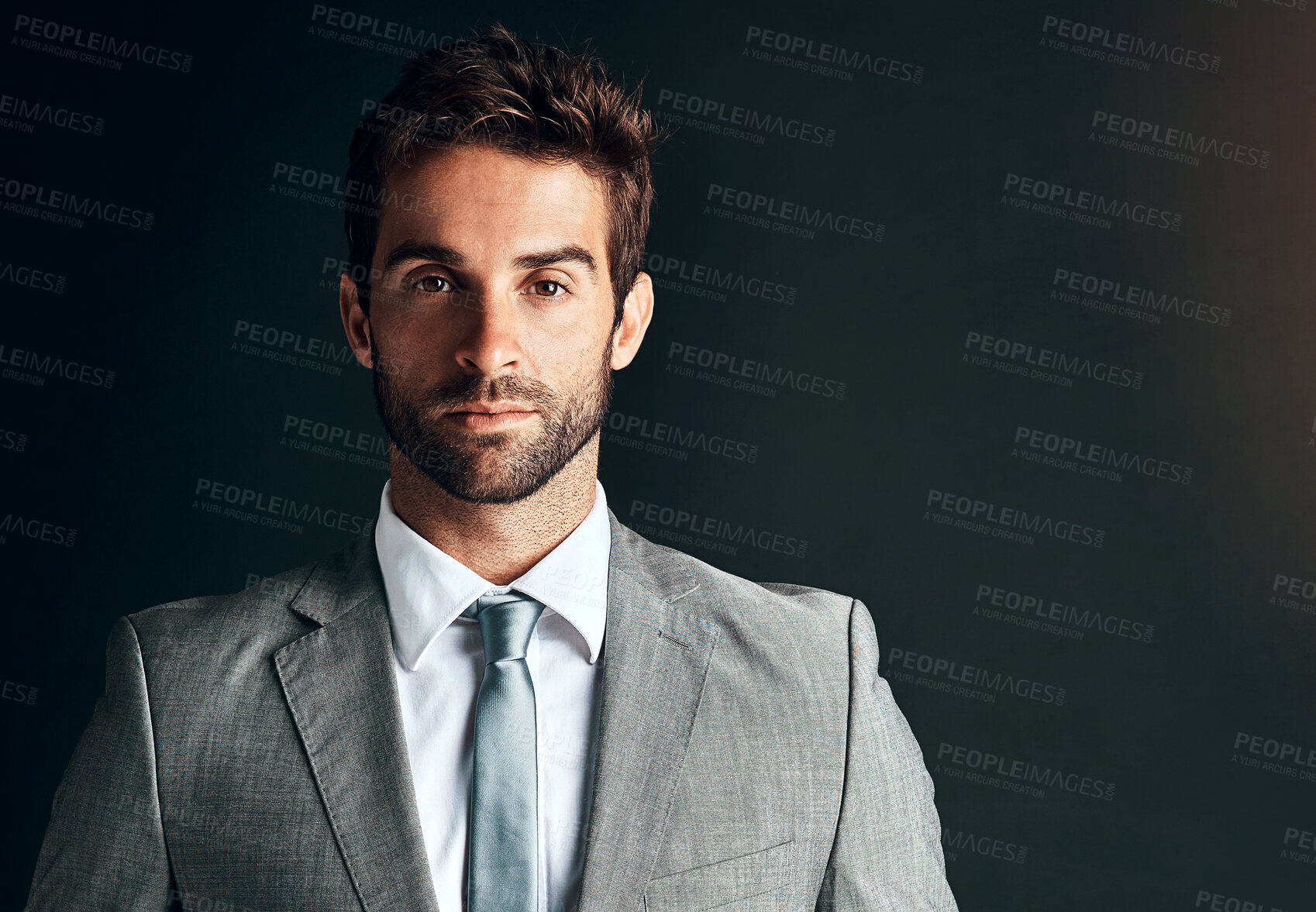 Buy stock photo Business, man and serious in studio with portrait of corporate professional, person and manager of finance company. Businessman, isolated and black background for power or elegance and mock up.