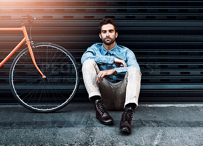 Buy stock photo Portrait, relax or man with bicycle by wall for transport of creative business worker or entrepreneur. Outdoor travel, bike and urban style with clothing, fashion or confidence for designer career