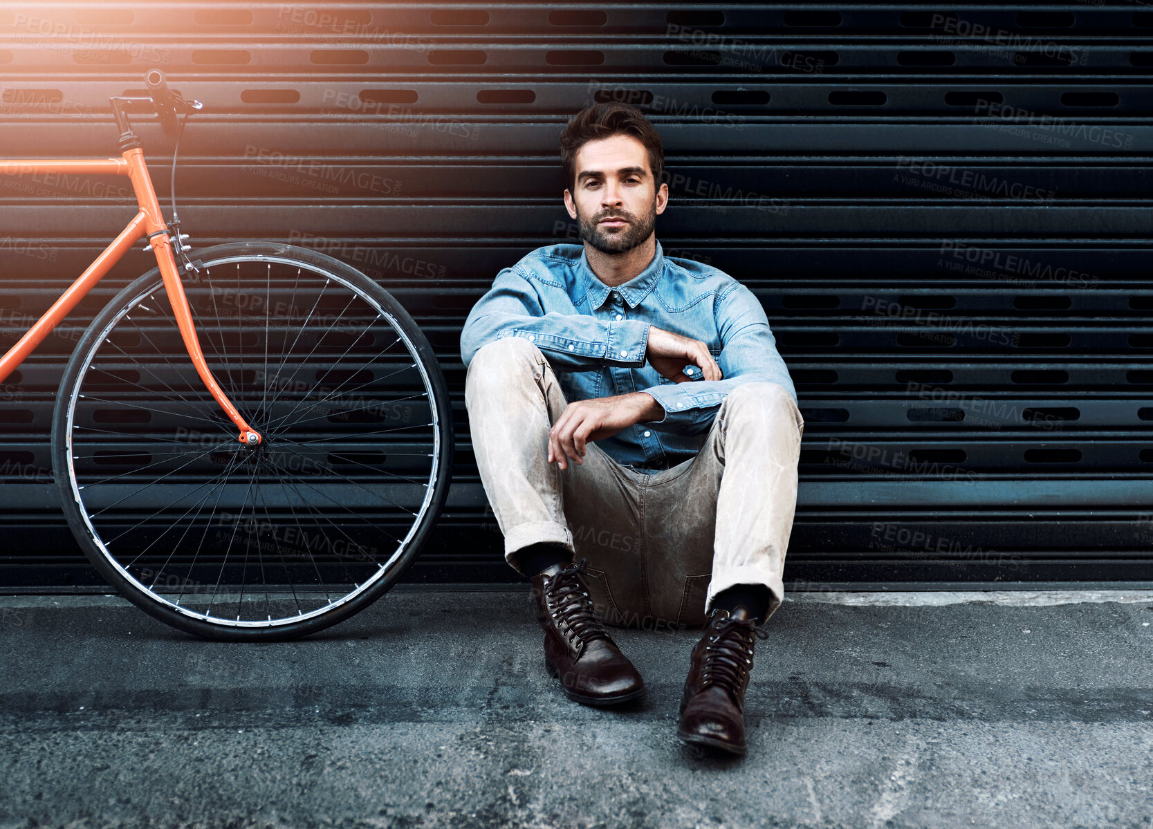 Buy stock photo Portrait, relax or man with bicycle by wall for transport of creative business worker or entrepreneur. Outdoor travel, bike and urban style with clothing, fashion or confidence for designer career