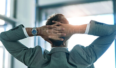 Buy stock photo Relax, confidence and businessman with hands by head for mindfulness, idea and achievement in office. Break, success and professional male executive with pride and view in workplace for job well done