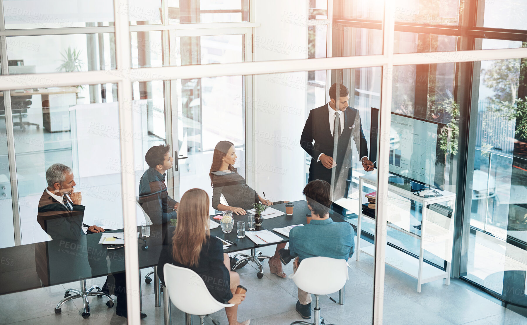 Buy stock photo Businessman, presentation and screen for finance revenue, kpi analysis and review with feedback in office. Corporate, meeting and project progress for workshop, sales and company growth with people