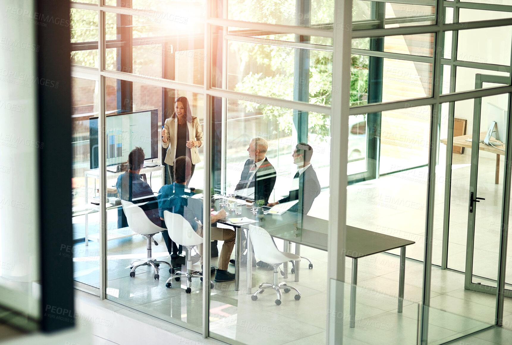 Buy stock photo Business woman, presentation and meeting room glass with conference and digital chart. Speaker, financial and accounting data with workshop and presenter in office with company stats review above