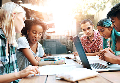 Buy stock photo University, students and study group for project or exam for college collaboration outdoor. Young people, diversity and communication for learning with lecture notes and laptop for web assignment