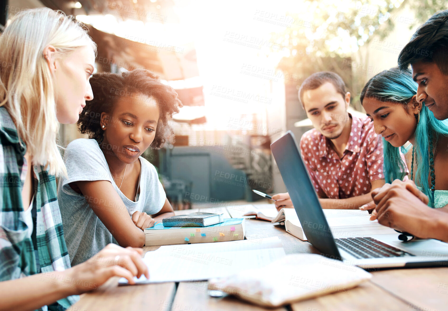 Buy stock photo University, students and study group for project or exam for college collaboration outdoor. Young people, diversity and communication for learning with lecture notes and laptop for web assignment