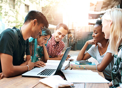 Buy stock photo University, students and study group for project with laptop for college collaboration outdoor. Young people, diversity and communication for learning with lecture notes and exam for web assignment