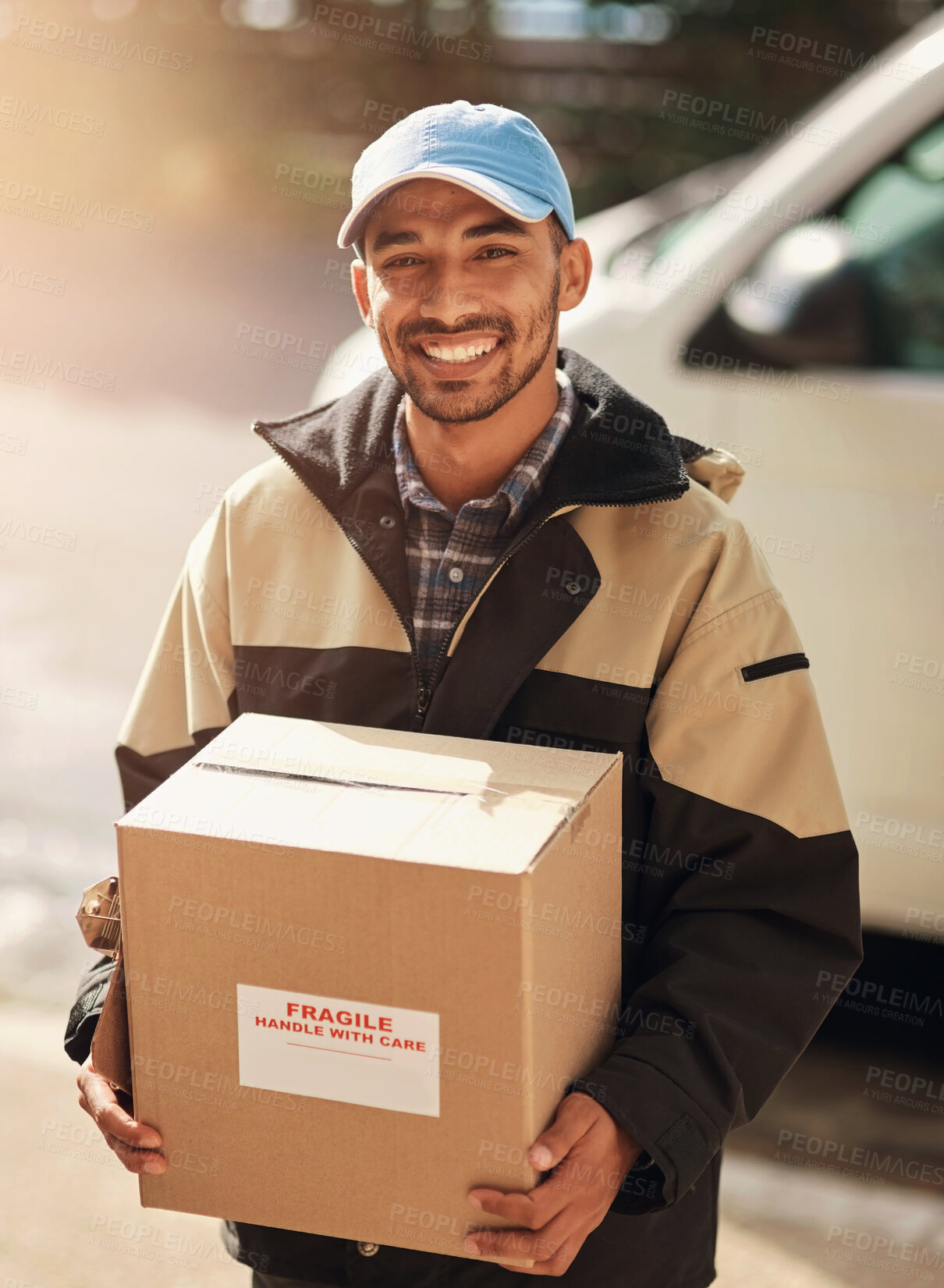 Buy stock photo Delivery man, smile and box in portrait by van for transportation, supply chain and stock. Person, courier and happy with package by car on street for service with product, ecommerce and shipping