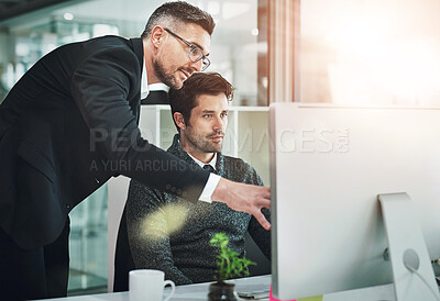 Buy stock photo Computer, training and business people in office for planning, learning or explain, research and questions. Coaching, pc or man with manager online at digital agency for creative, goal or design help